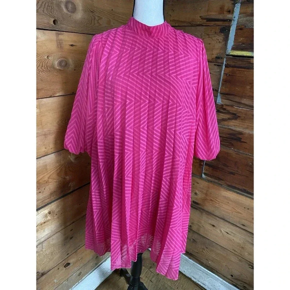 ASOS Dress Sz 10 Pleated Trapeze Mini With Puff Sleeves In Dobby Hot Pink. - Picture 1 of 12